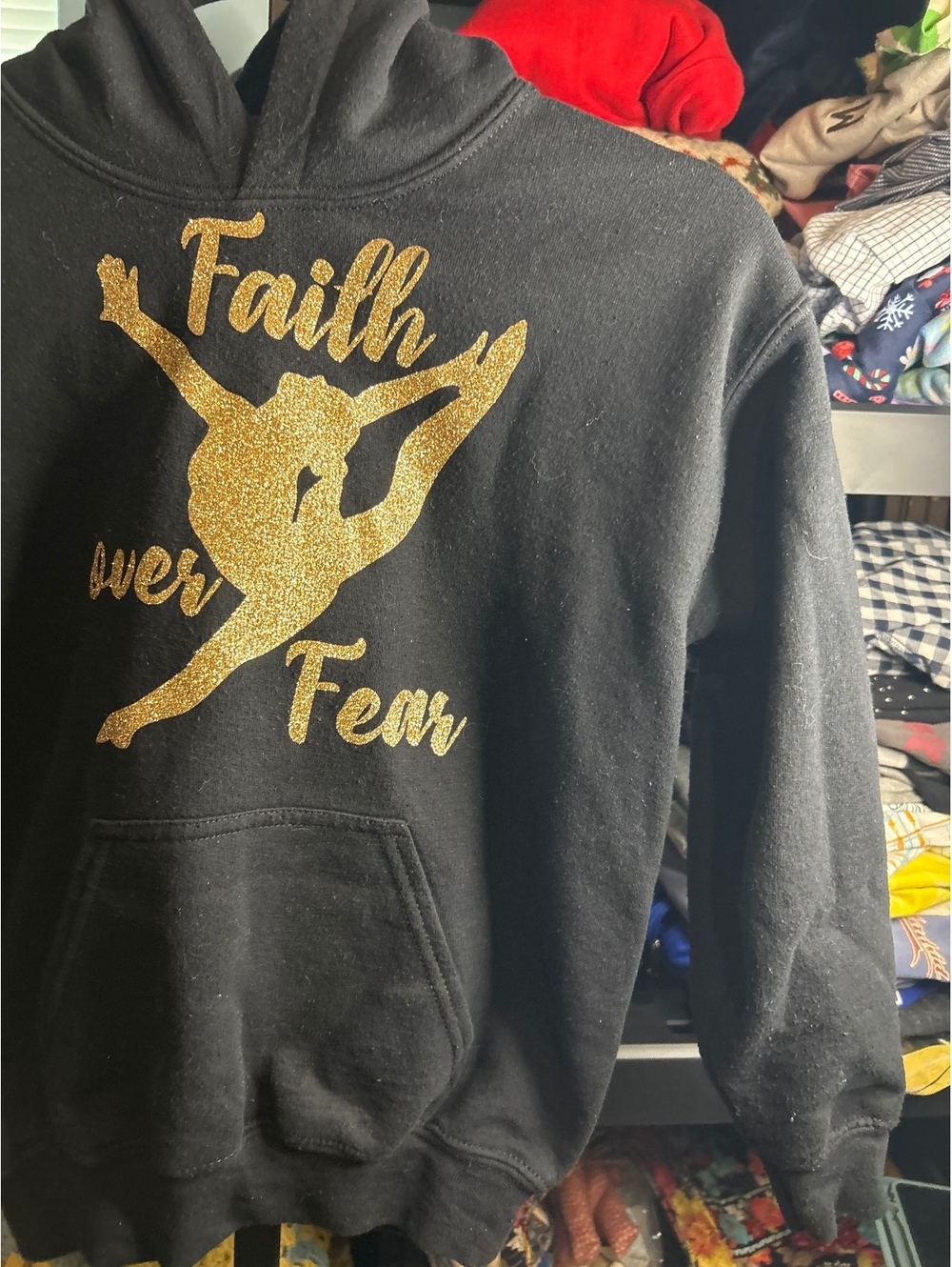 Gildan Black Hoodie with Gold Glitter 'Faith Over Fear' Dance Graphic, Medium